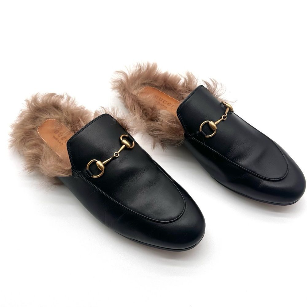 Gucci Princetown Fur Mule Black Horsebit Slipper Shearling Loafer Flats EU39 US9 - Picture 1 of 13